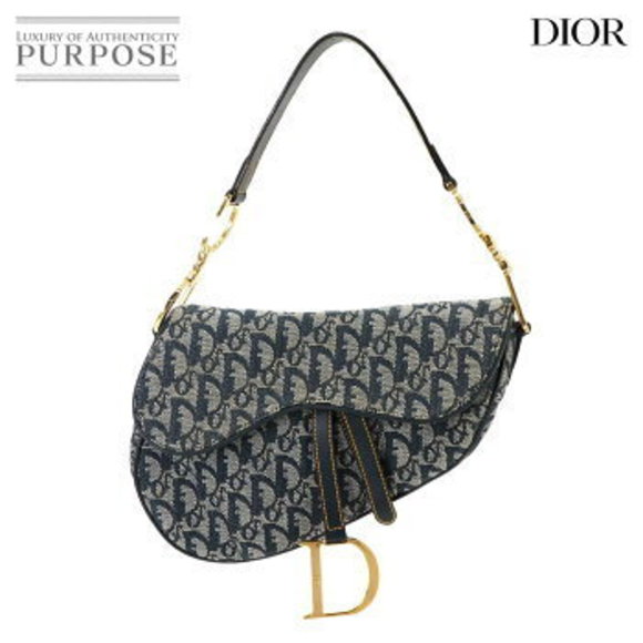 Christian Dior Trotter Saddlebag Shoulder Bag Leather Navy Blue - Picture 1 of 9